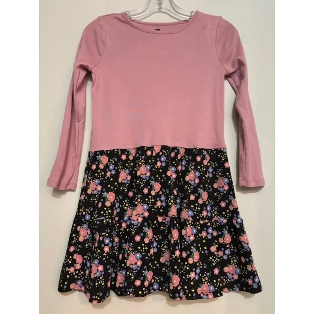 Tea Collection Dress Girls Size 12 Floral Casual 100% Cotton Pink Long Sleeve